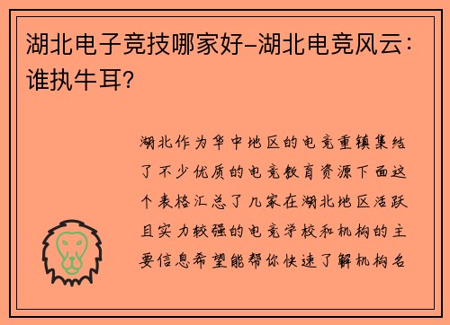 湖北电子竞技哪家好-湖北电竞风云：谁执牛耳？